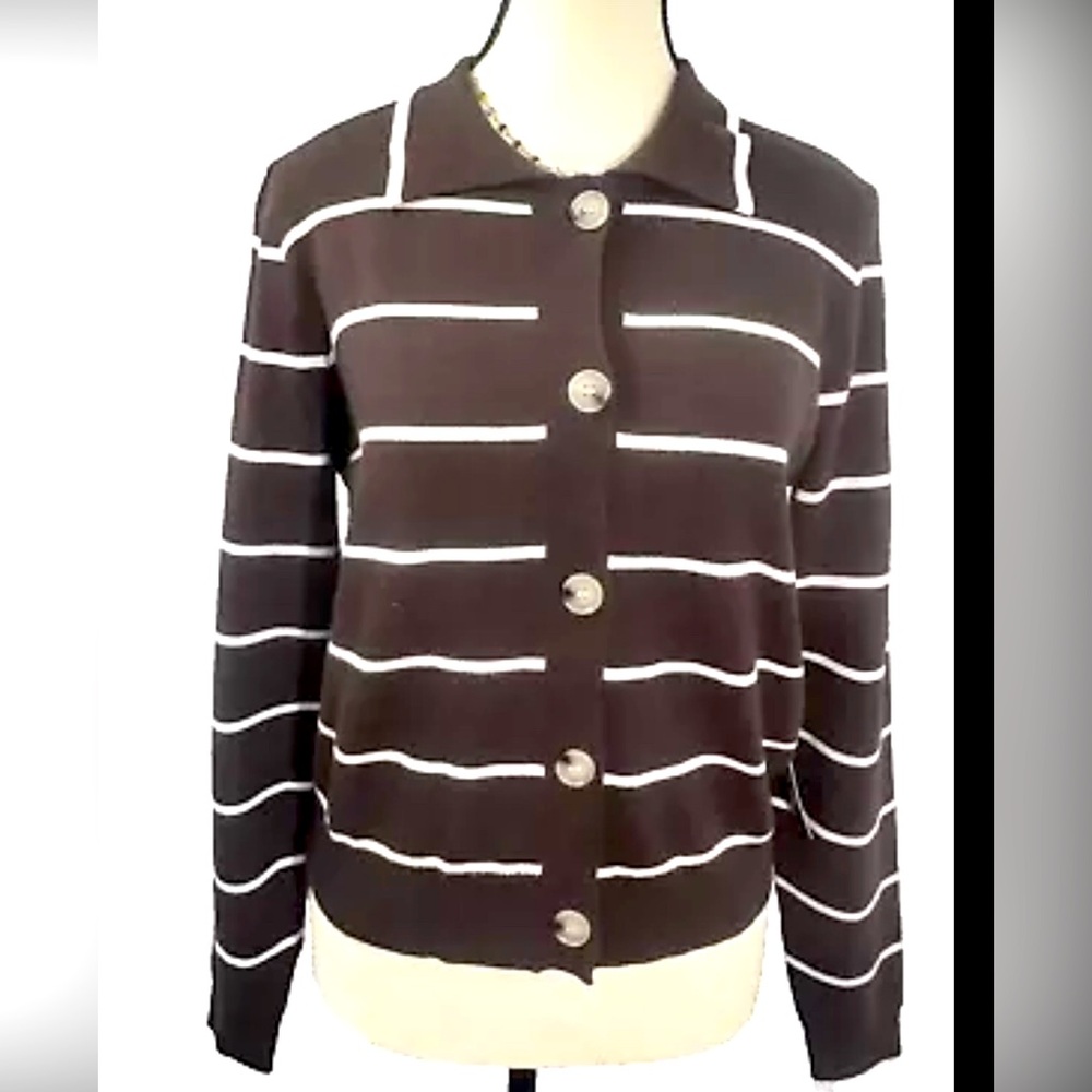 Emerson Lang Women's Collared Sweater Long Sleeves Stripe Knitted Browne M